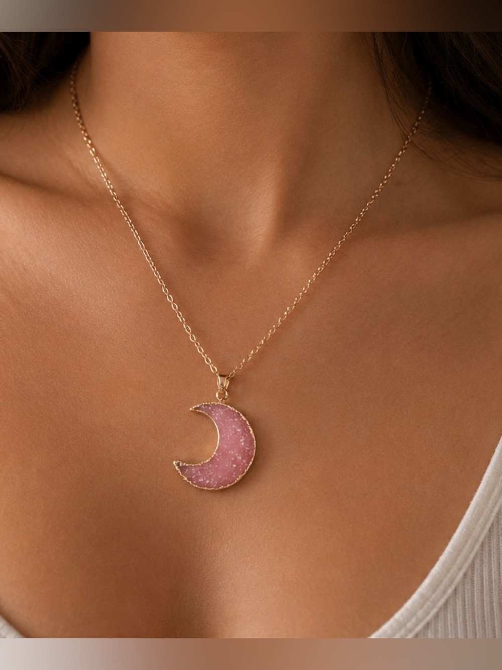 Delicate Pink Gold-Tone Crescent Moon Pendant Necklace